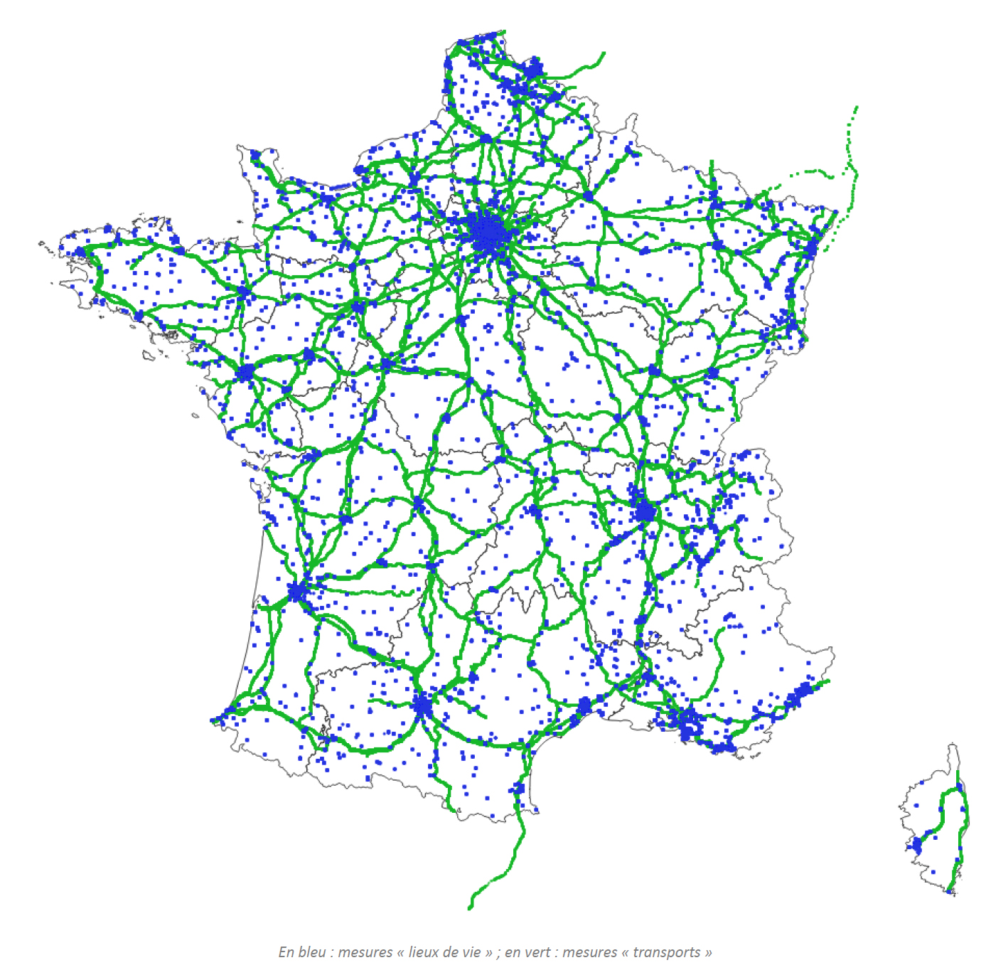 In blue: measurements of “living environments”; in green: measurements of “transport corridors” 