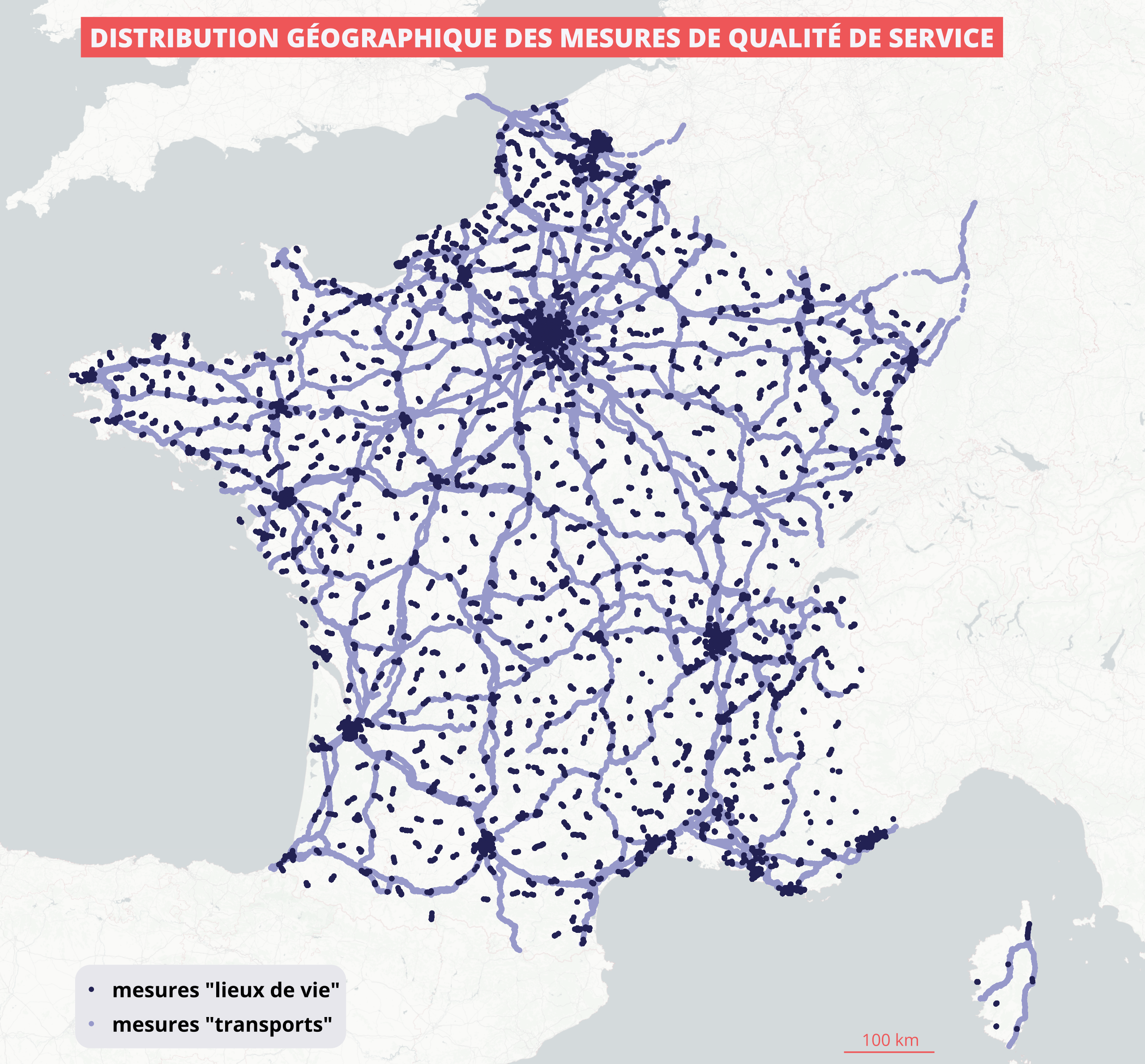 Carte représentant la distribution géographique des mesures de qualité de service