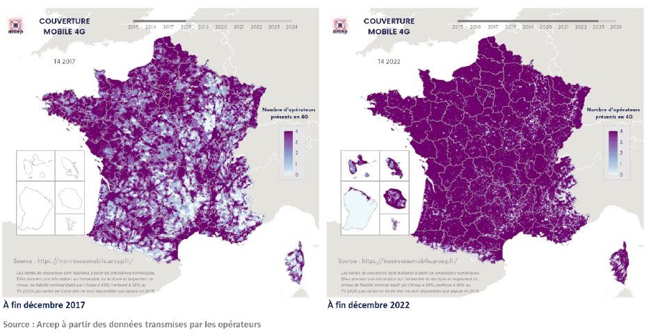 Évolution de la couverture 4G par nombre d’opérateurs entre 2018 et 2022
