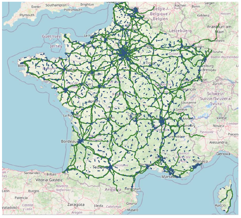 Testing locations in 2022. In blue: measurements of “living environments”; in green: measurements of “transport corridors”