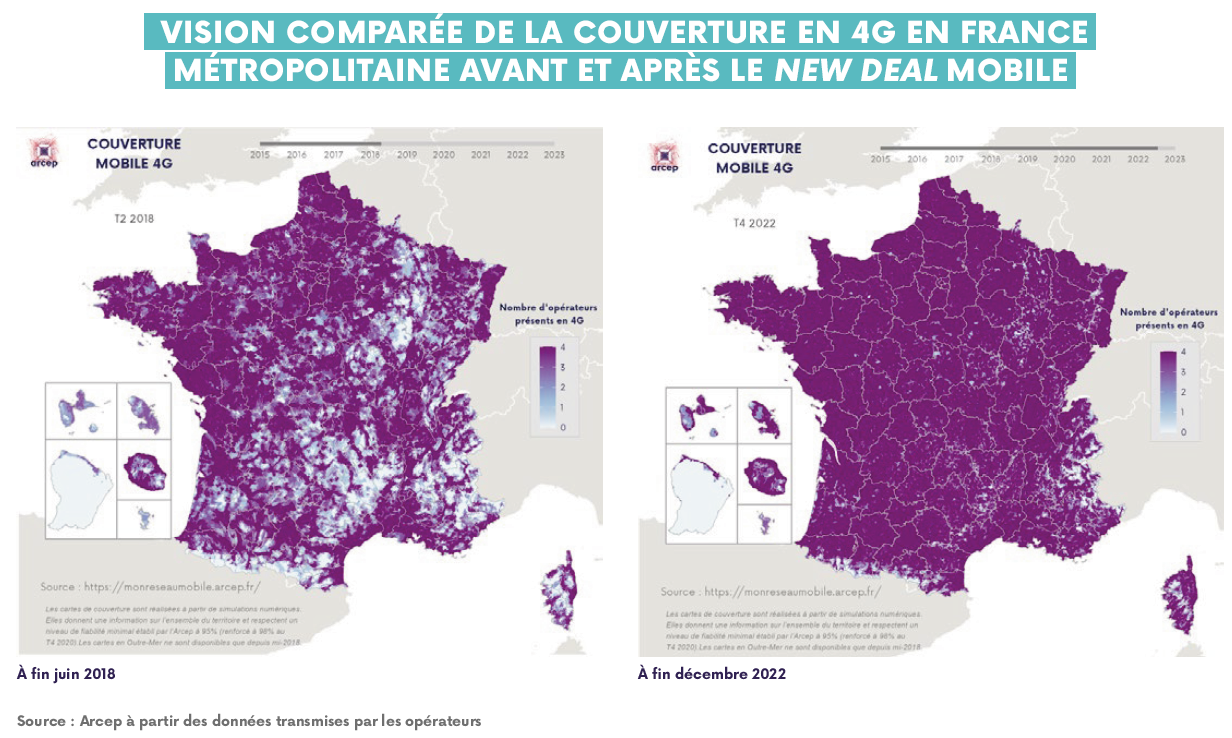 Vision comparée de la couverture en 4G en France métropolitaine avant et après le New Deal Mobile