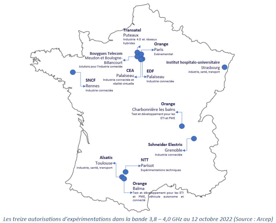 Carte des expérimentations dans la bande 3,8 – 4,0 GHz au 12 octobre 2022 
