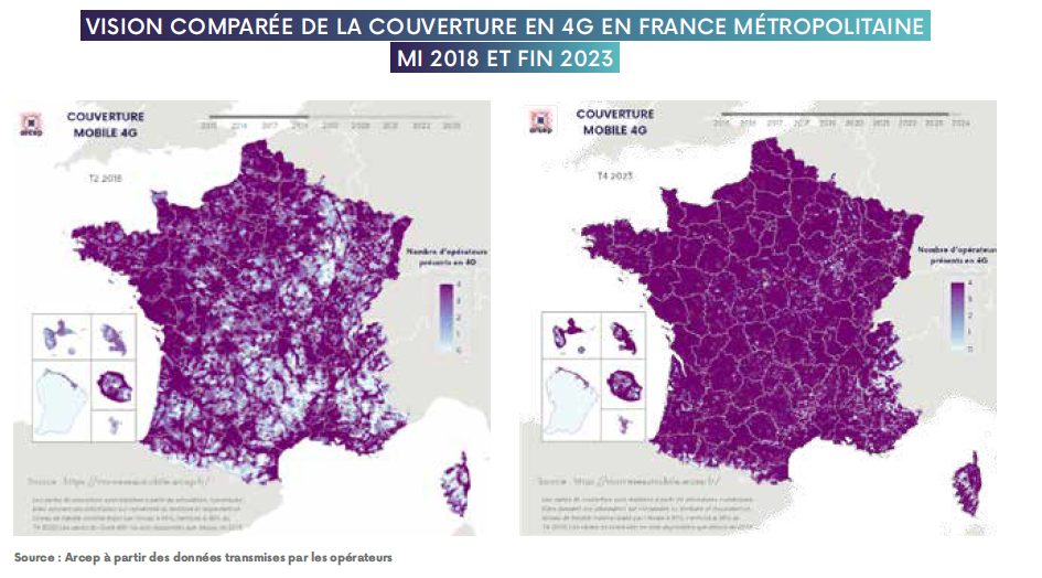 Vision comparée de la couverture 4G en Fance métropolitaine mi-2018 et fin 2023